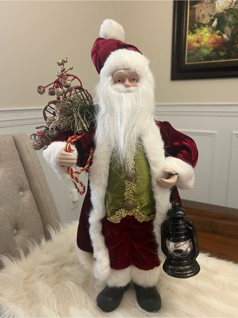 Velvet Burgundy Santa Figurine with White Fur Trim